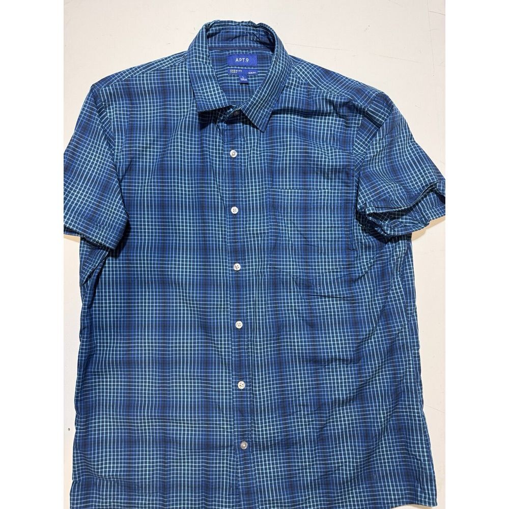Apt. 9 Premier Flex‎ Plaid Short Sleeve Button Up Shirt Blue Large